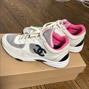 Authentic CHANEL suede & Silver Sneakers with Pink Lining